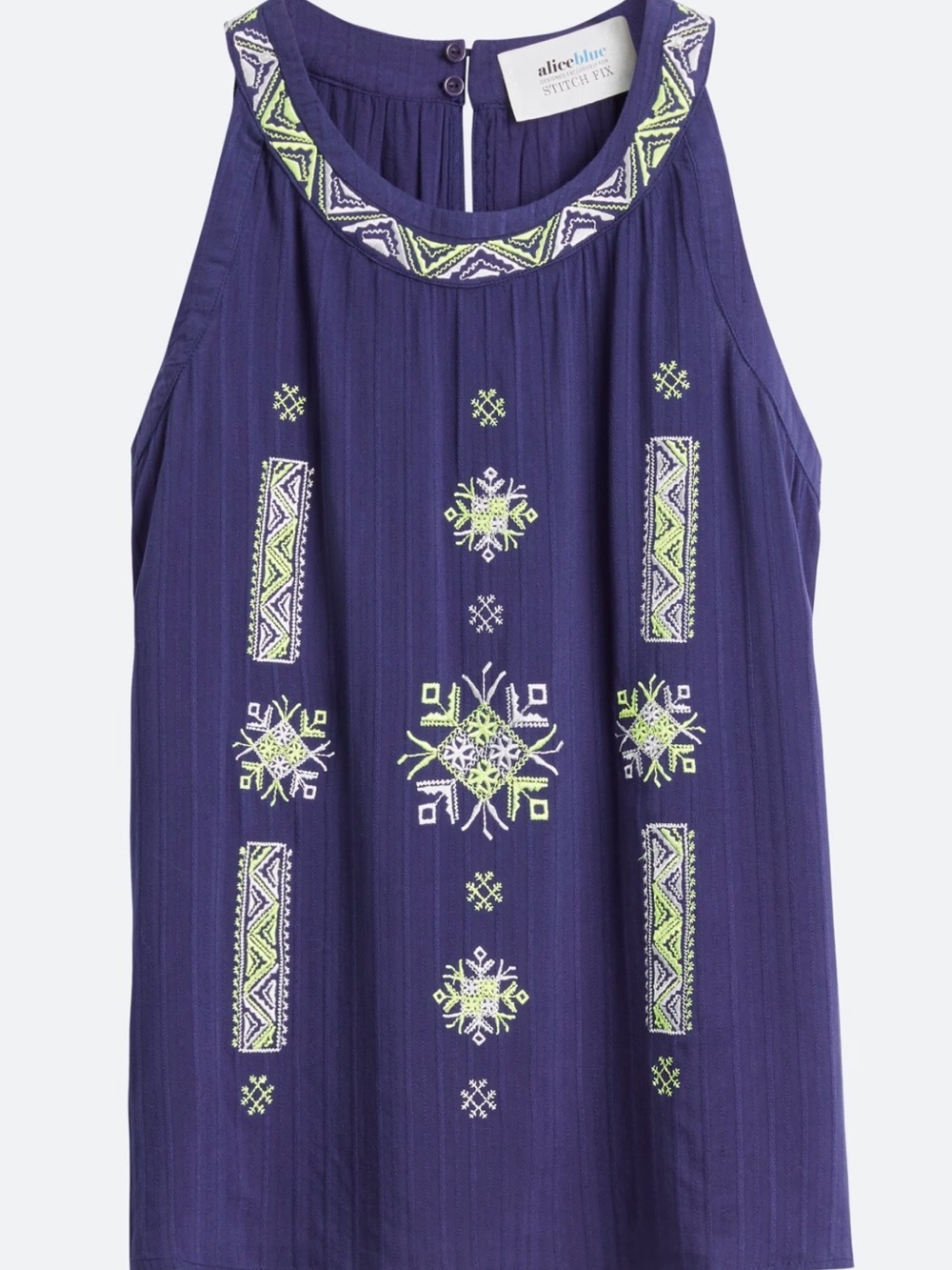 Alice Blue Navy Cotton Tank with Lime and White Embroidery